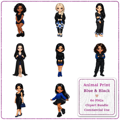 Animal Print Blue & Black Clipart Bundle 60 PNGs
