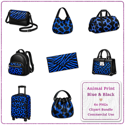 Animal Print Blue & Black Clipart Bundle 60 PNGs