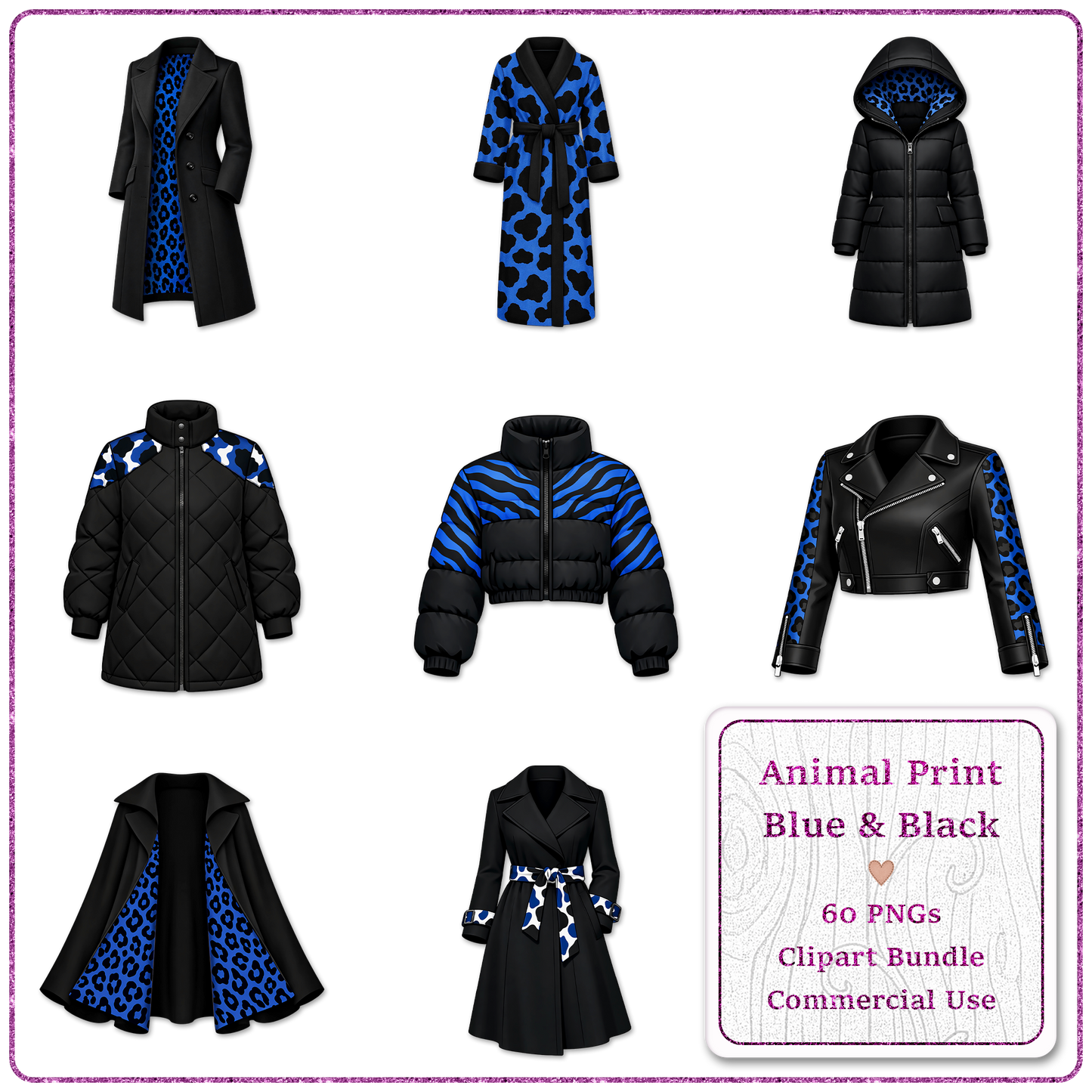 Animal Print Blue & Black Clipart Bundle 60 PNGs