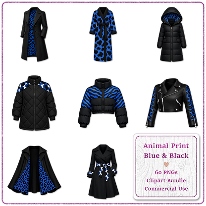Animal Print Blue & Black Clipart Bundle 60 PNGs