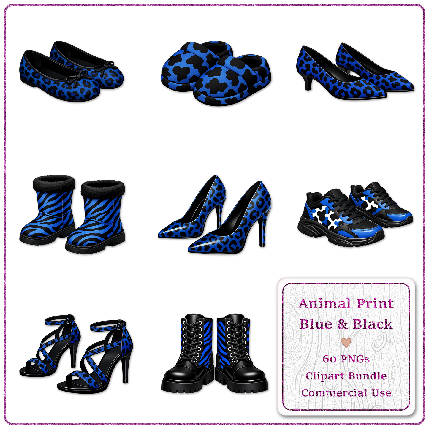 Animal Print Blue & Black Clipart Bundle 60 PNGs