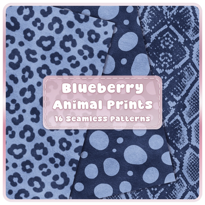 Blueberry animal print seamless patterns bundle with blue leopard polka dot and snakeskin digital papers