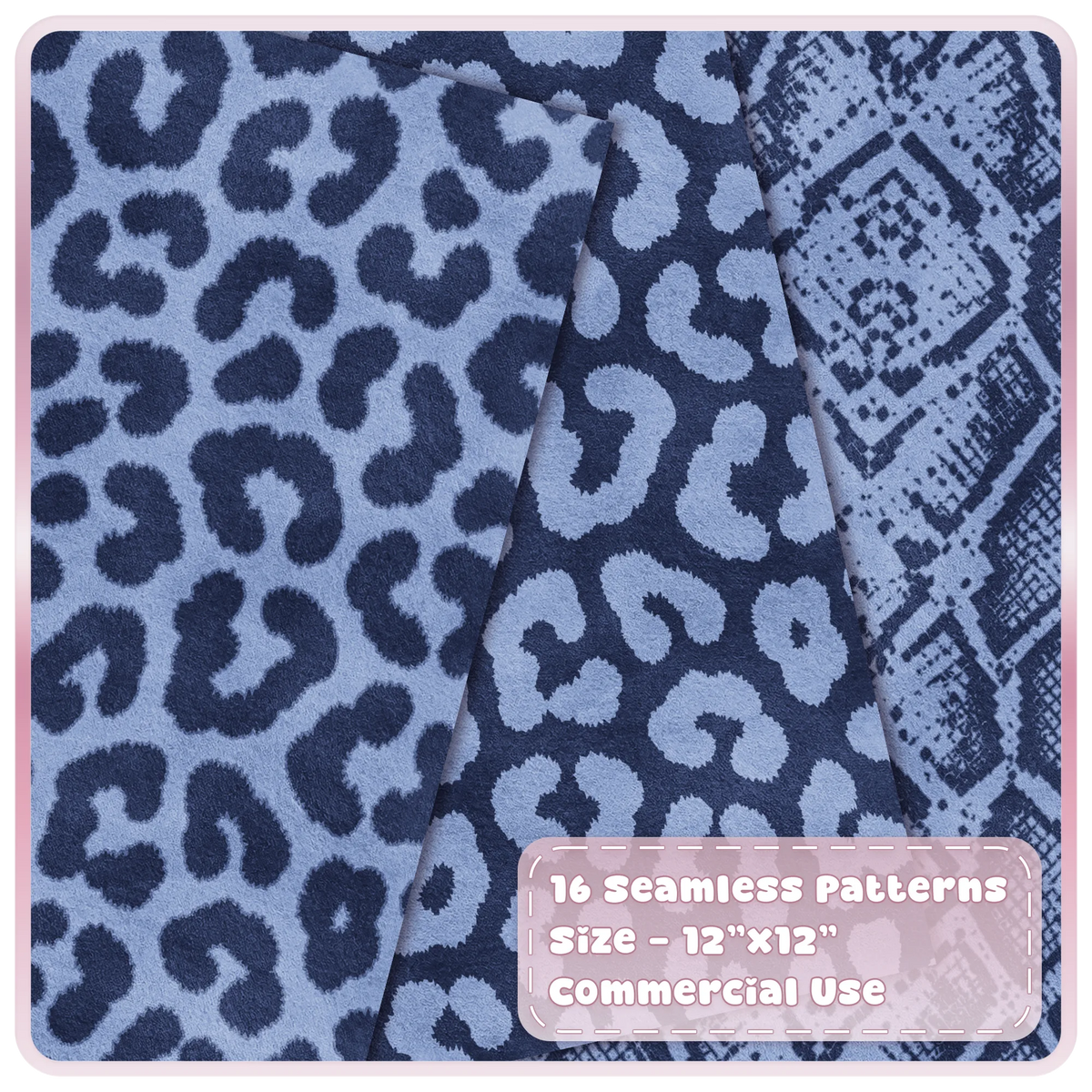 Blueberry blue leopard print and snakeskin seamless digital papers in light blue and deep navy