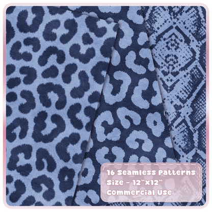 Blueberry blue leopard print and snakeskin seamless digital papers in light blue and deep navy