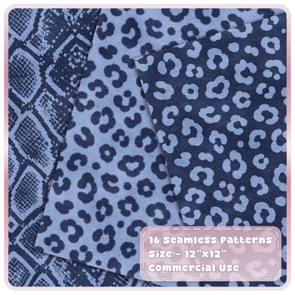 Blueberry leopard print and python snakeskin seamless patterns in coordinating navy and pale blue