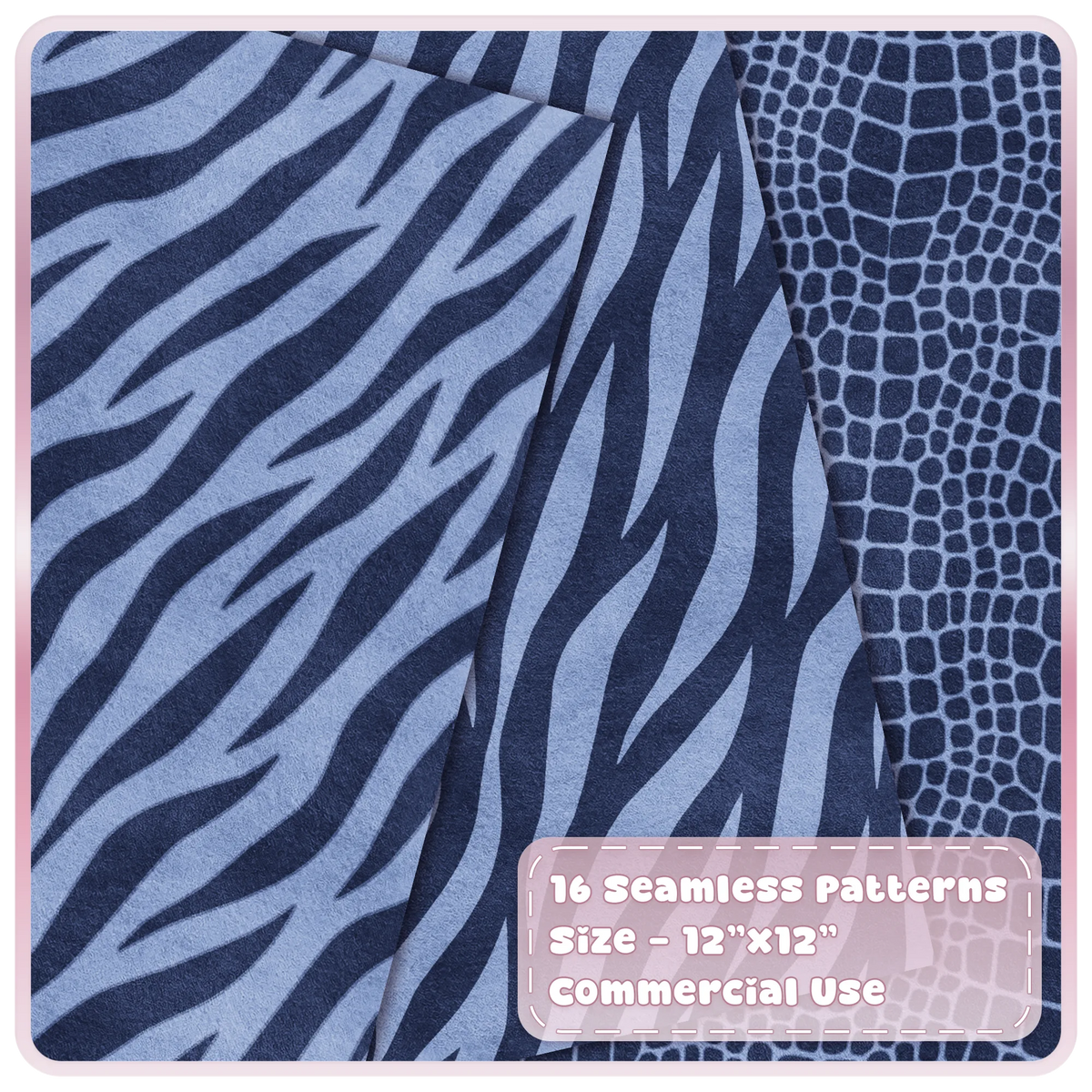 Blueberry zebra stripe and crocodile skin seamless animal print digital papers in navy and blue