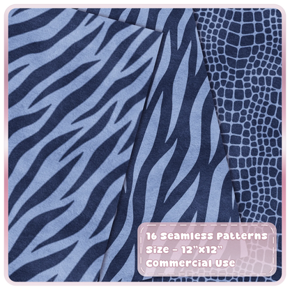 Blueberry zebra stripe and crocodile skin seamless animal print digital papers in navy and blue