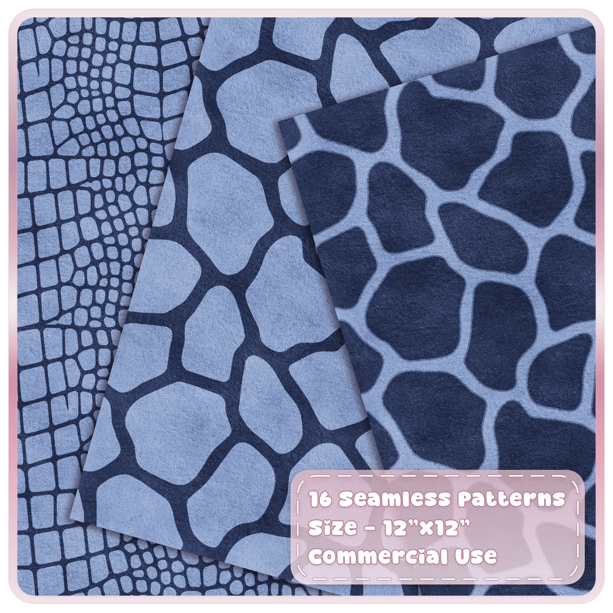Blueberry crocodile and giraffe print seamless digital papers in soft blue and dark navy tones