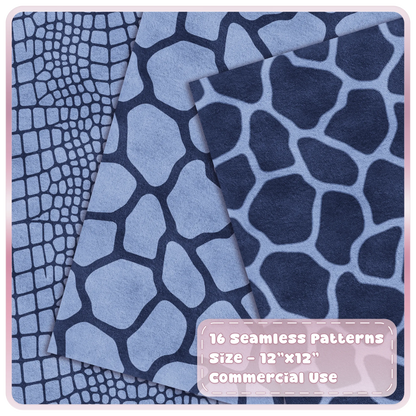 Blueberry crocodile and giraffe print seamless digital papers in soft blue and dark navy tones