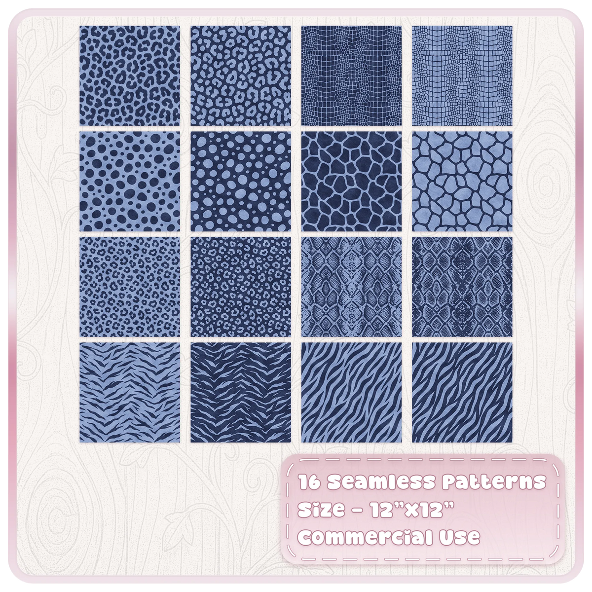 Set of 16 blueberry animal print seamless patterns with leopard zebra snake giraffe and crocodile prints