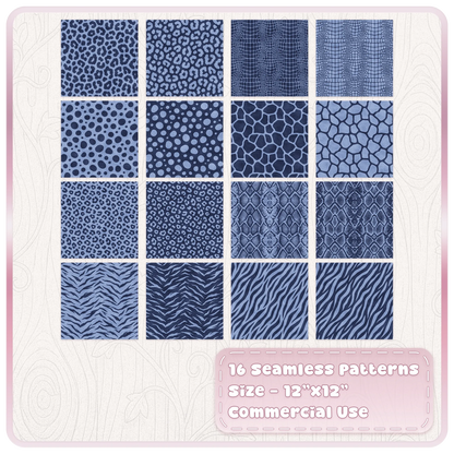 Set of 16 blueberry animal print seamless patterns with leopard zebra snake giraffe and crocodile prints