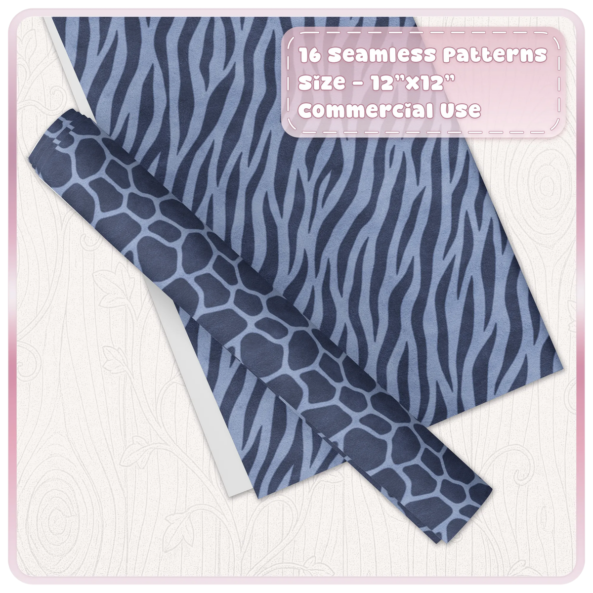 Blueberry zebra and giraffe seamless animal print digital papers shown as coordinating craft sheets