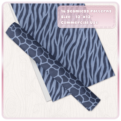 Blueberry zebra and giraffe seamless animal print digital papers shown as coordinating craft sheets