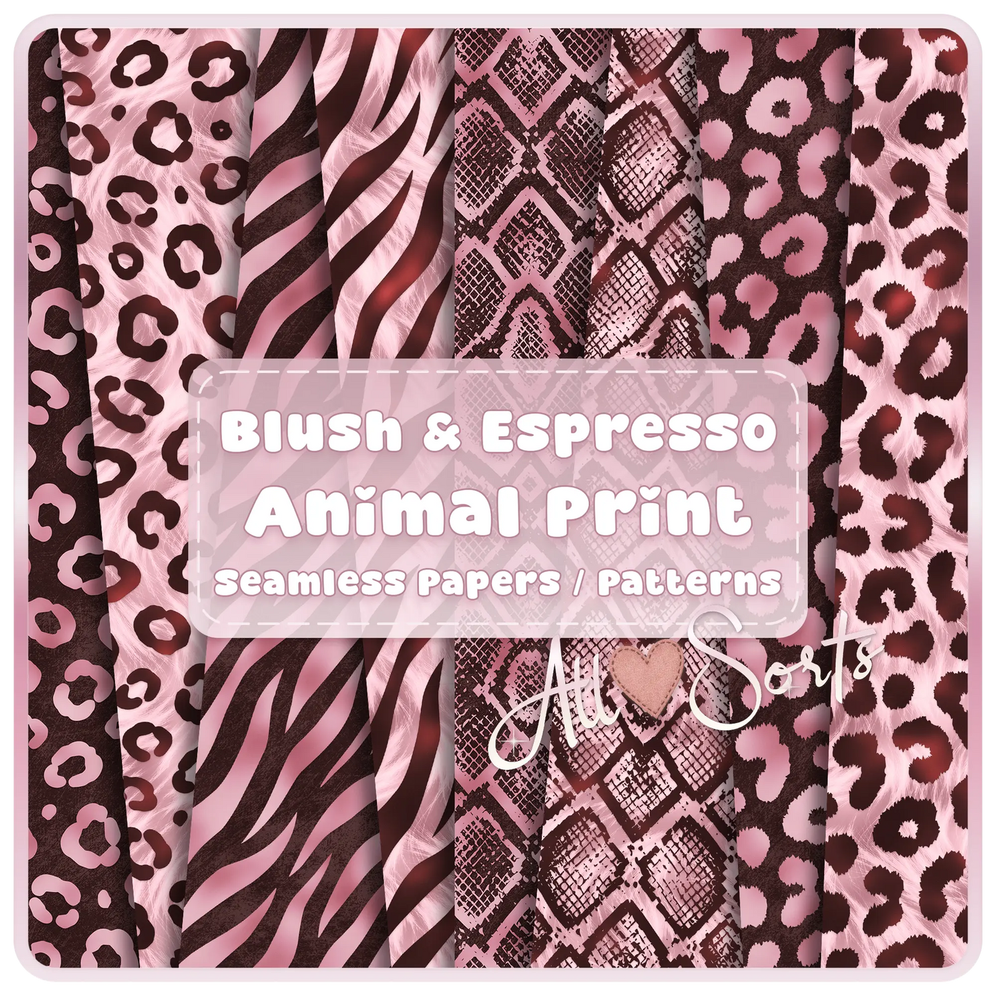 Blush and espresso animal print seamless pattern bundle preview featuring leopard zebra and giraffe prints digital paper set