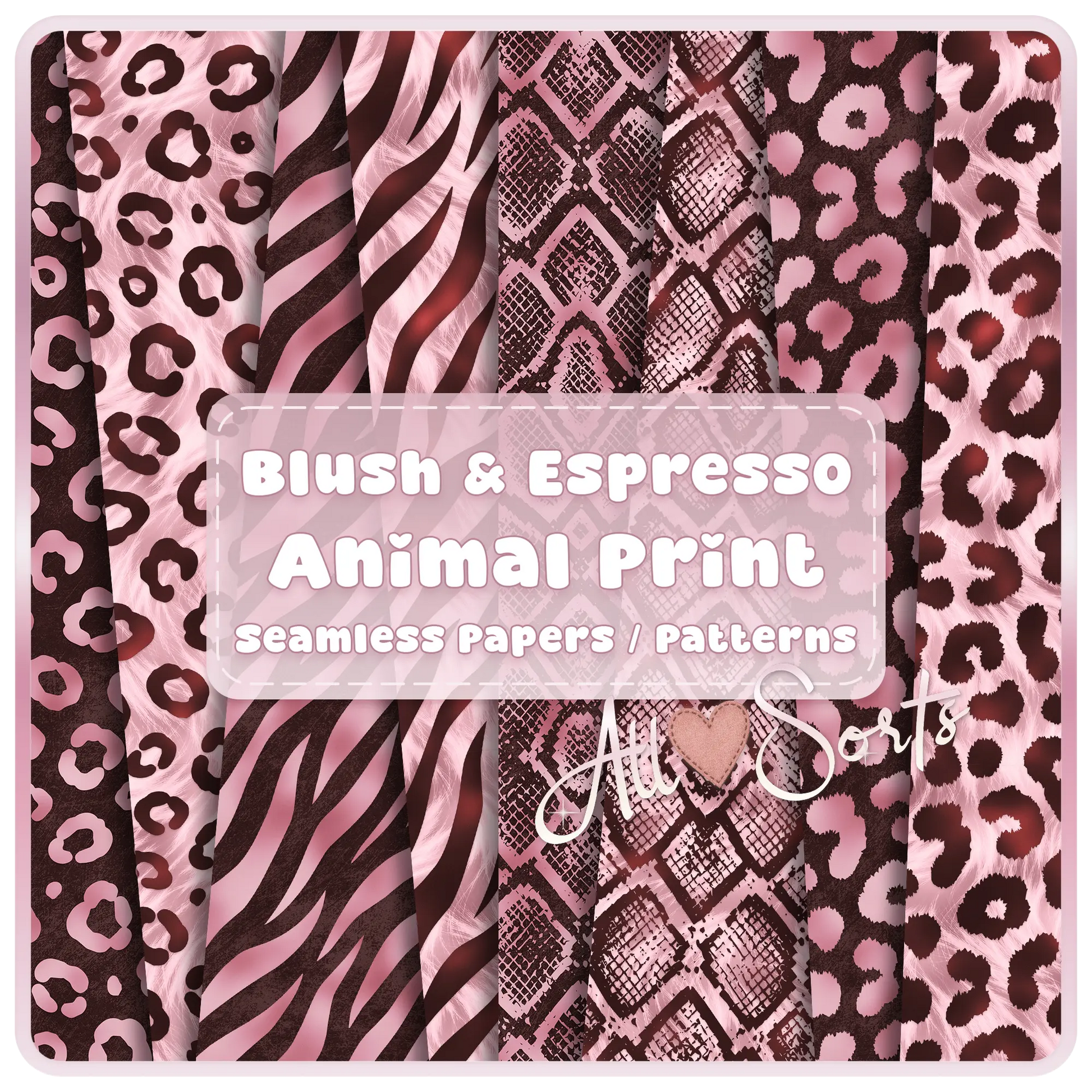 Blush and espresso animal print seamless pattern bundle preview featuring leopard zebra and giraffe prints digital paper set