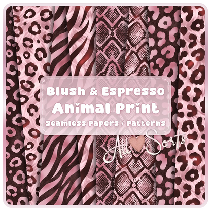 Blush and espresso animal print seamless pattern bundle preview featuring leopard zebra and giraffe prints digital paper set