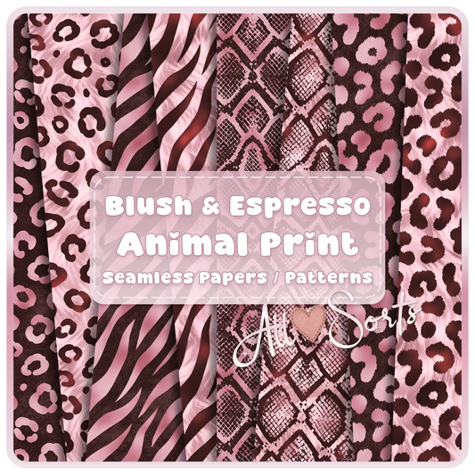 Blush and espresso animal print seamless pattern bundle preview featuring leopard zebra and giraffe prints digital paper set