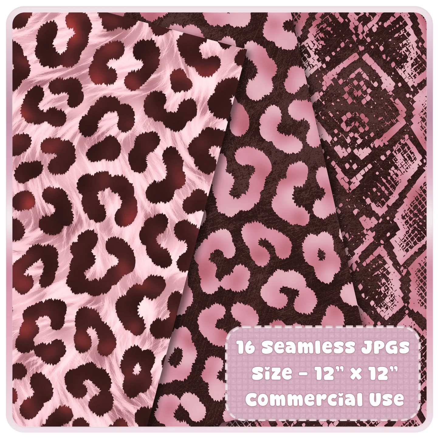 Blush and espresso animal print seamless patterns including leopard and snakeskin textures for digital download