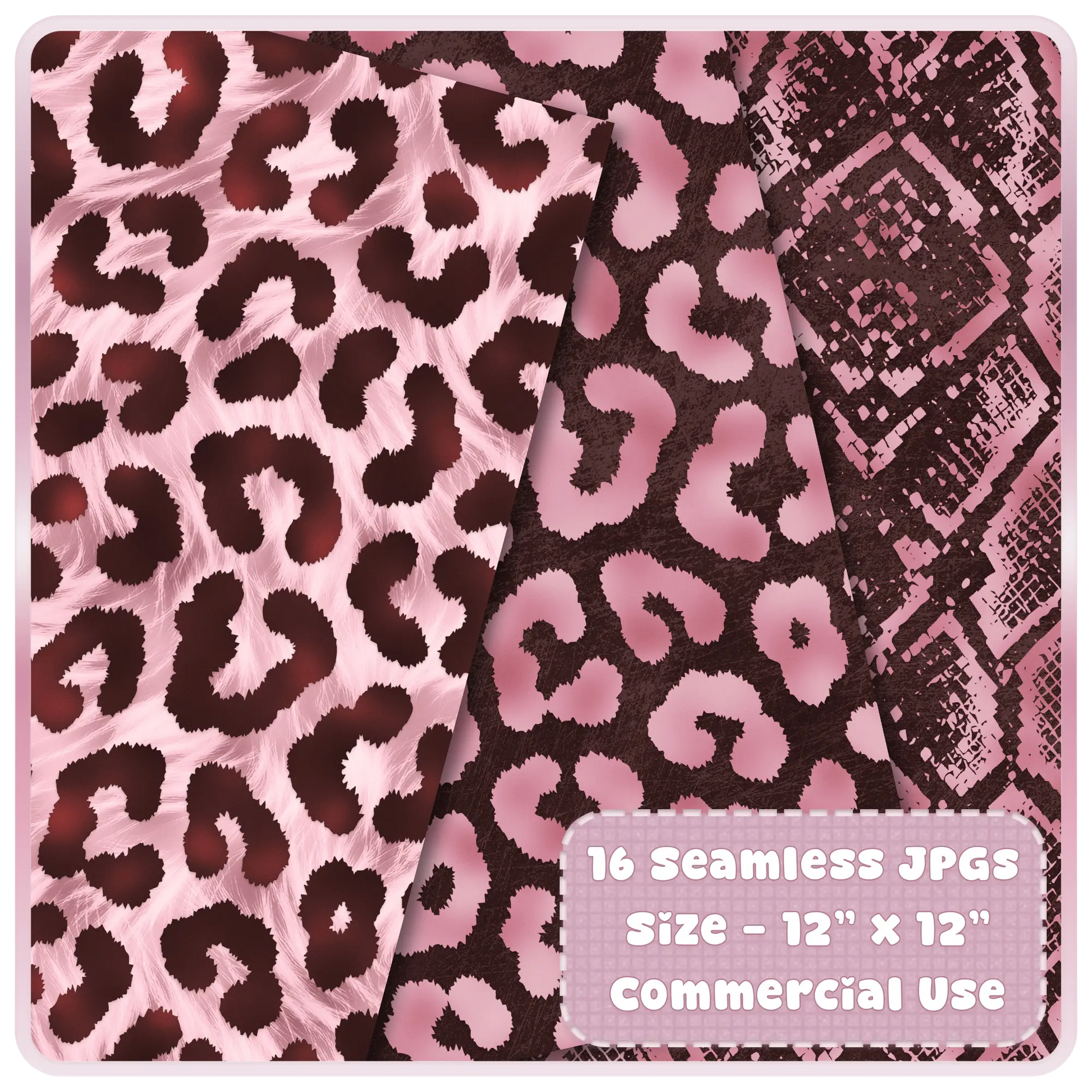Blush and espresso animal print seamless patterns including leopard and snakeskin textures for digital download