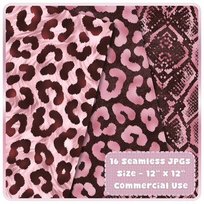 Blush and espresso animal print seamless patterns including leopard and snakeskin textures for digital download