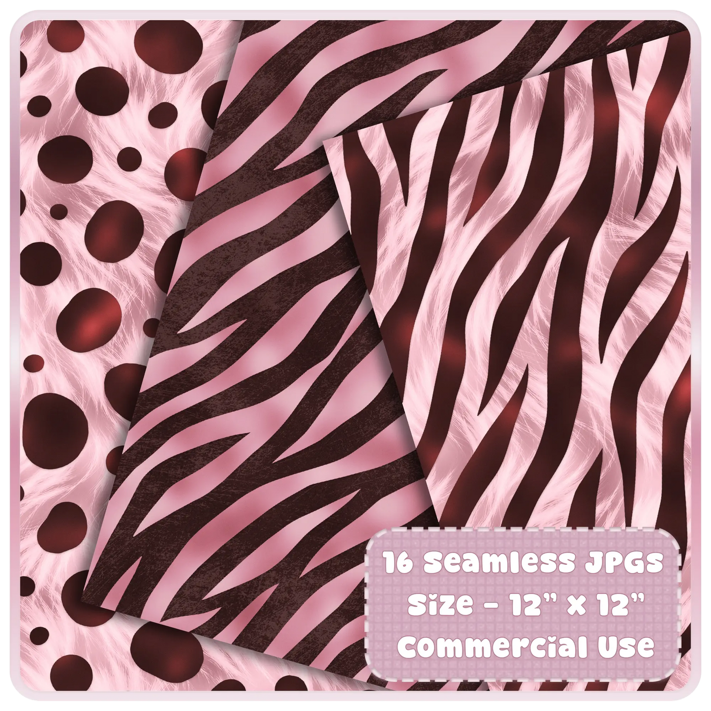 Zebra stripe and polka dot animal print seamless patterns in blush pink and espresso brown tones