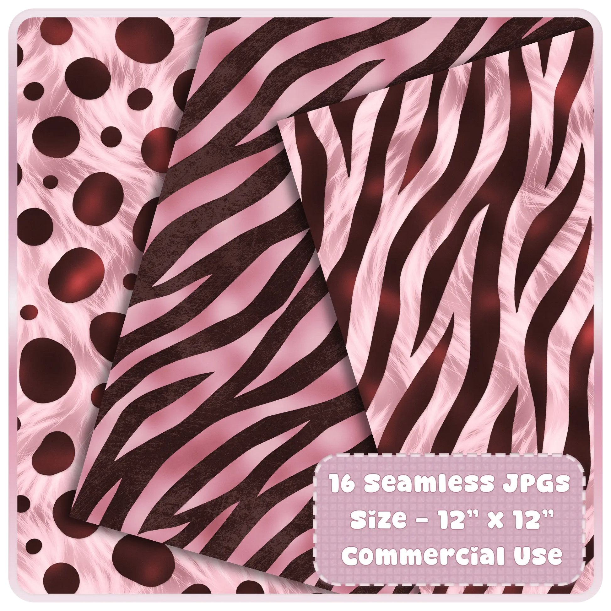 Zebra stripe and polka dot animal print seamless patterns in blush pink and espresso brown tones