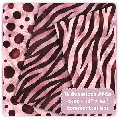 Zebra stripe and polka dot animal print seamless patterns in blush pink and espresso brown tones
