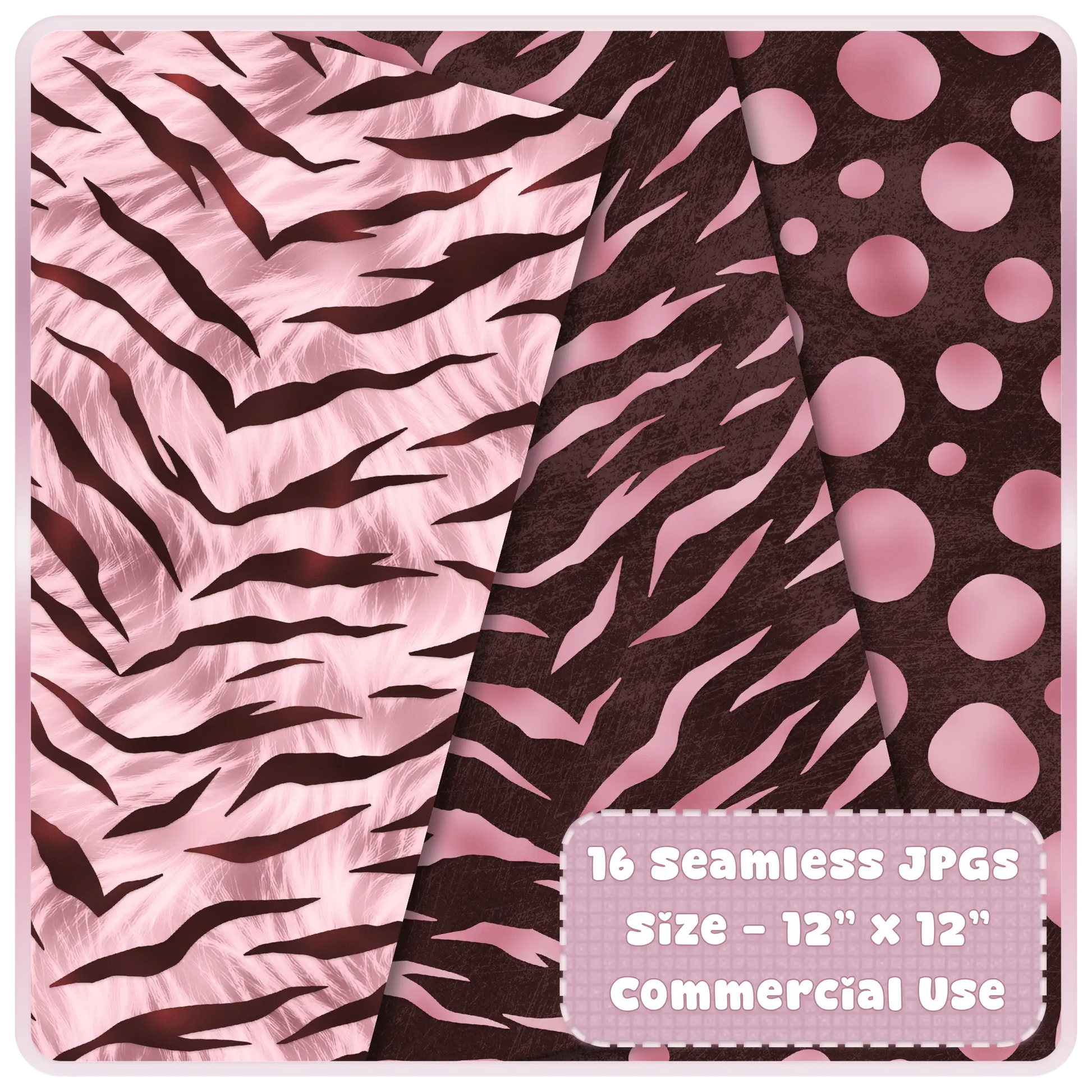 Tiger stripe and abstract animal print seamless patterns in soft blush and dark brown palette