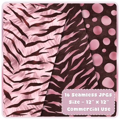 Tiger stripe and abstract animal print seamless patterns in soft blush and dark brown palette