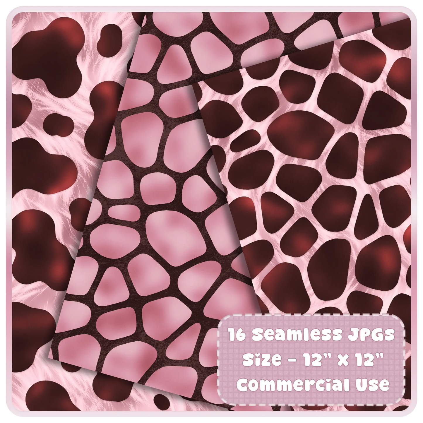 Giraffe print seamless patterns in blush pink and espresso brown shown as layered digital papers