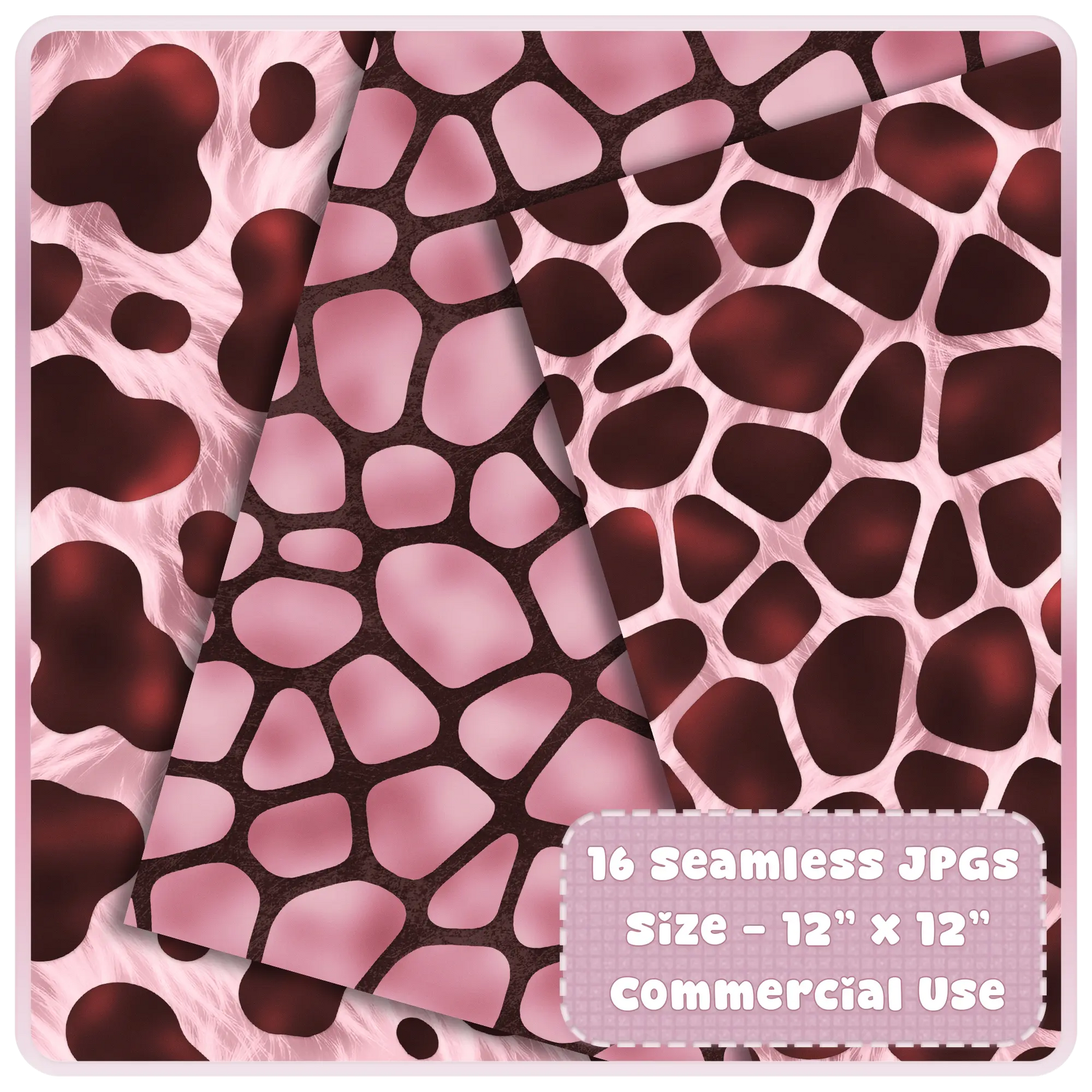 Giraffe print seamless patterns in blush pink and espresso brown shown as layered digital papers