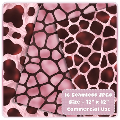 Giraffe print seamless patterns in blush pink and espresso brown shown as layered digital papers