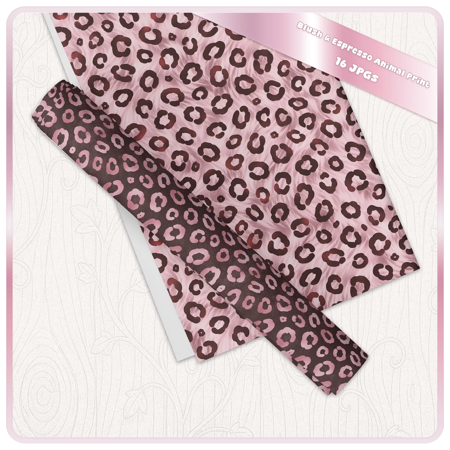 Leopard print seamless pattern sheets displayed as printable digital scrapbook paper