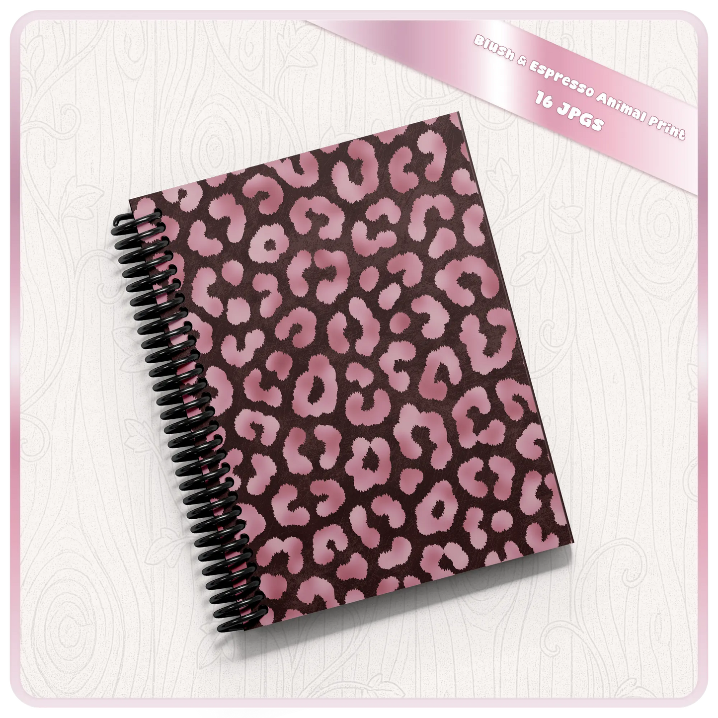 Leopard print notebook mockup using blush and espresso seamless animal print pattern