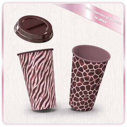 Animal print seamless patterns applied to reusable cups featuring zebra and giraffe designs in blush and brown