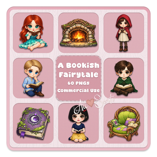 Bookish fairytale clipart bundle, cute storybook characters, enchanted books, cozy reading fantasy PNG set for crafts and sublimation