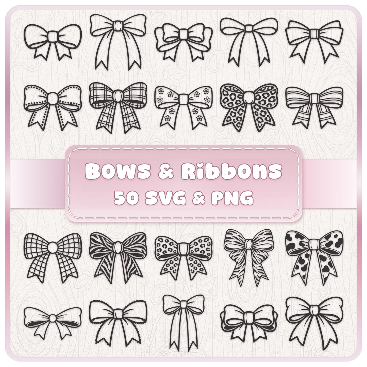 Bows and ribbons SVG PNG bundle with 50 bow clipart designs including coquette, plaid, floral and animal print bows