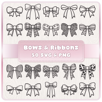 Bows and ribbons SVG PNG bundle with 50 bow clipart designs including coquette, plaid, floral and animal print bows
