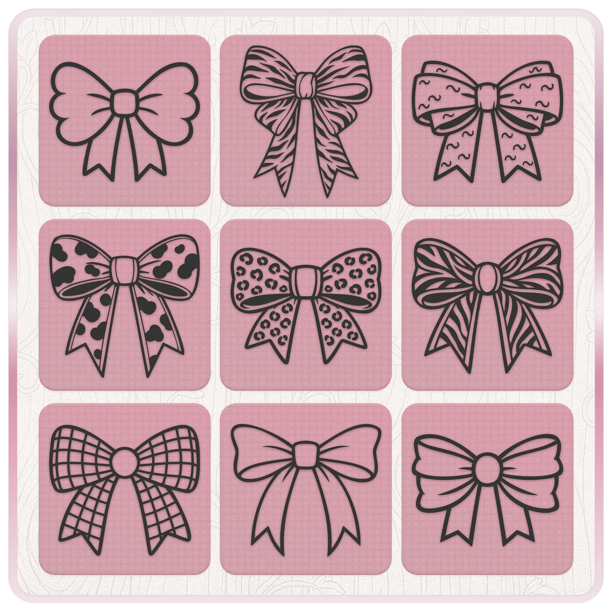 Patterned bow SVG designs featuring cow print, leopard print, zebra stripe and decorative ribbon bow clipart