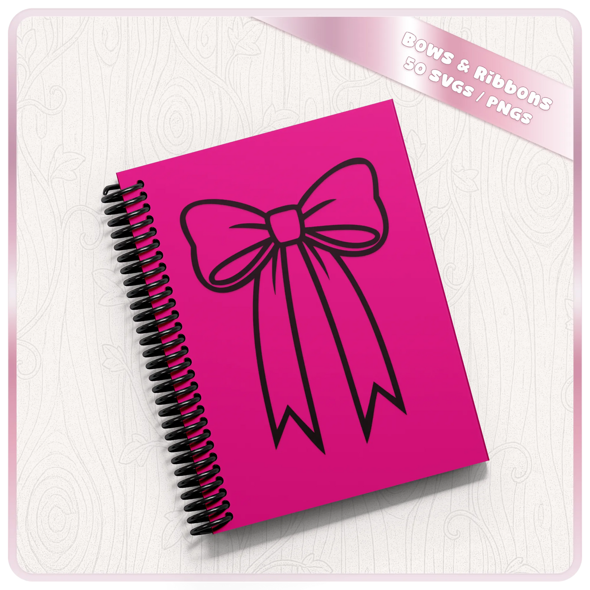 Bow SVG design shown on a bright pink spiral notebook mockup from the 50 bows and ribbons digital clipart bundle
