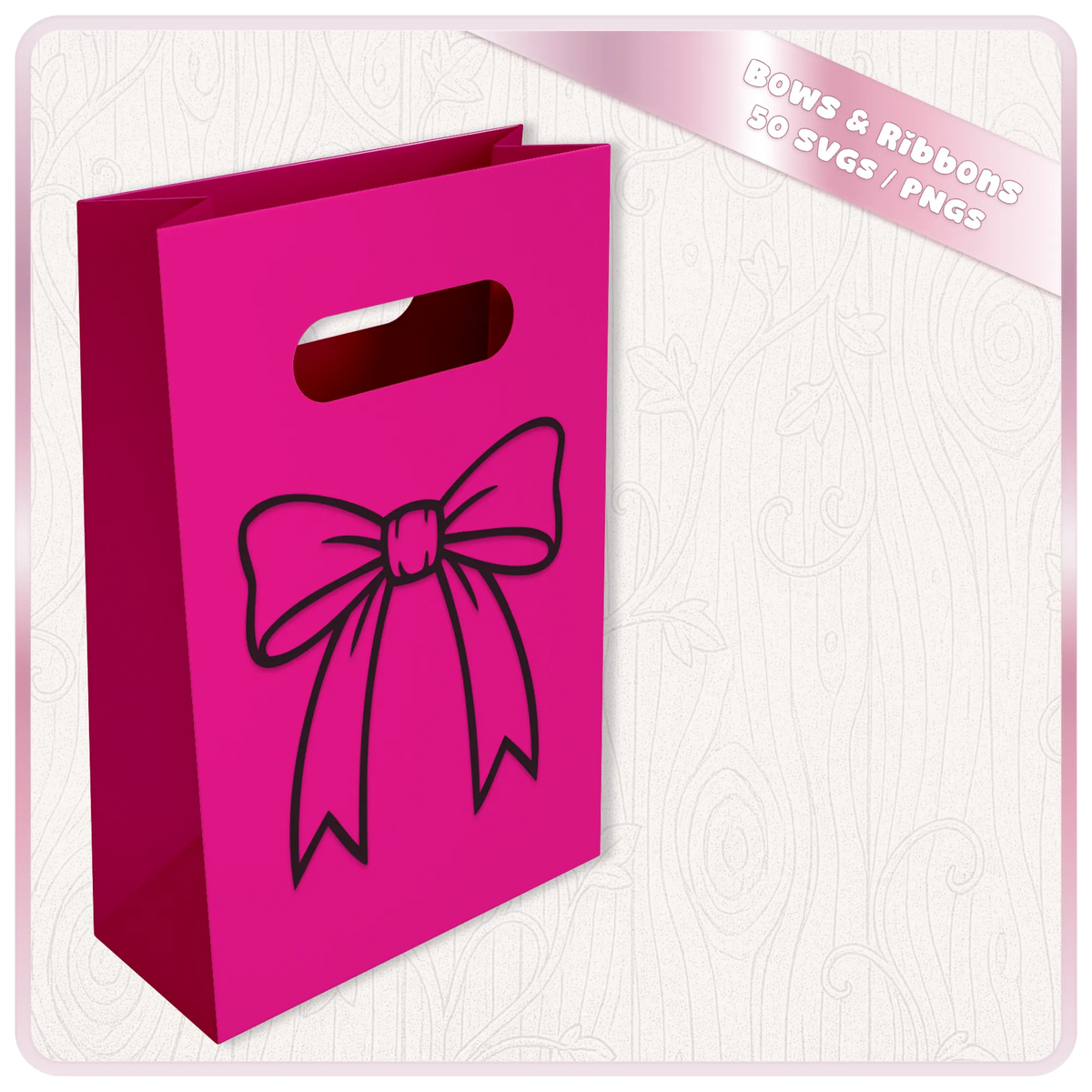 Bow SVG clipart design shown on a pink gift bag mockup for Cricut crafts, personalised gifts and creative projects