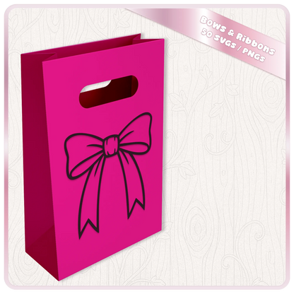 Bow SVG clipart design shown on a pink gift bag mockup for Cricut crafts, personalised gifts and creative projects