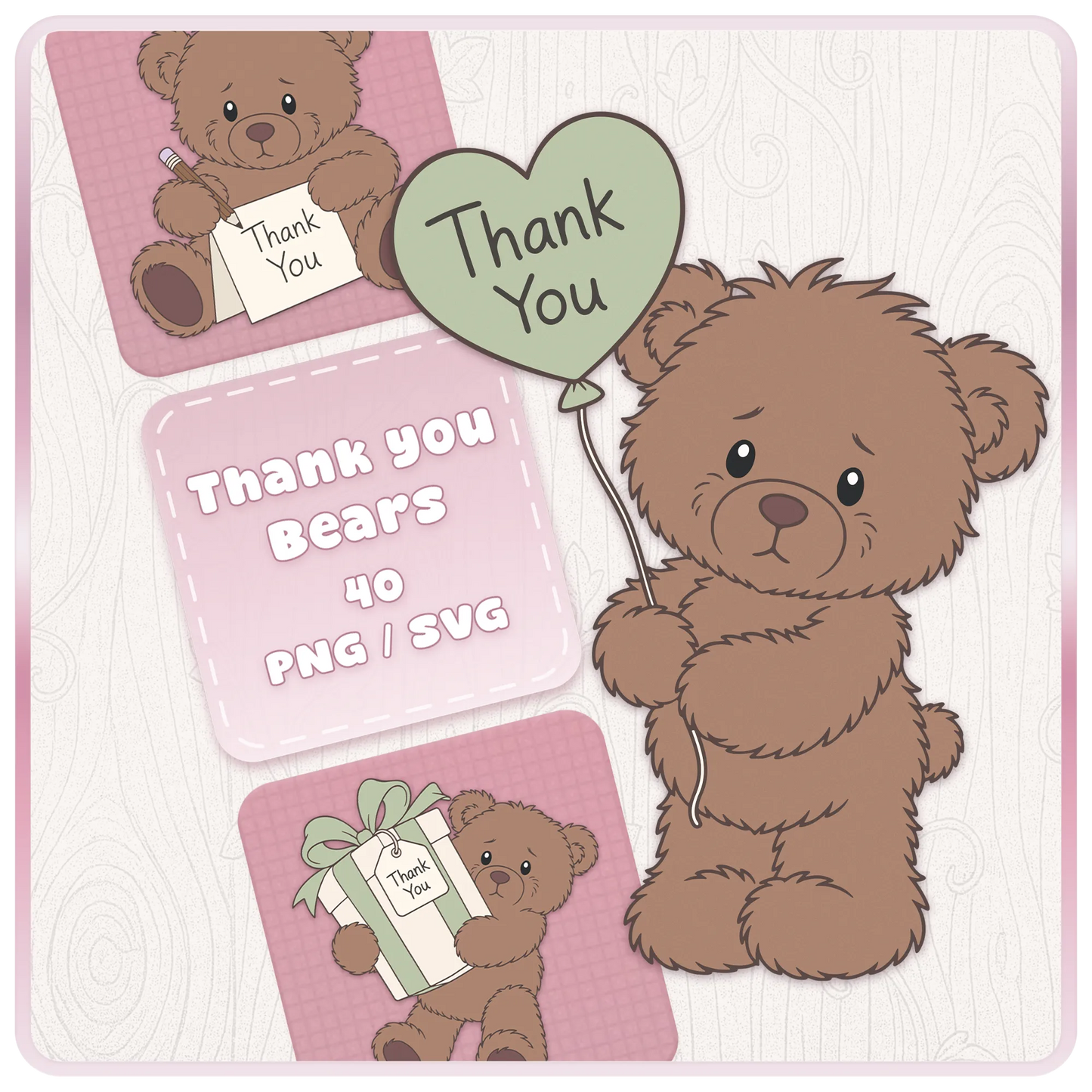Brown Thank You Teddy Bears SVG and PNG bundle featuring 40 cute teddy bear clipart designs for Cricut, Silhouette, sublimation and thank you gift crafts