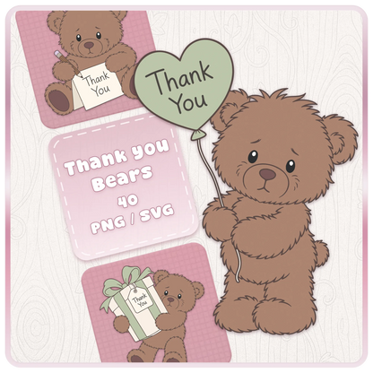 Brown Thank You Teddy Bears SVG and PNG bundle featuring 40 cute teddy bear clipart designs for Cricut, Silhouette, sublimation and thank you gift crafts