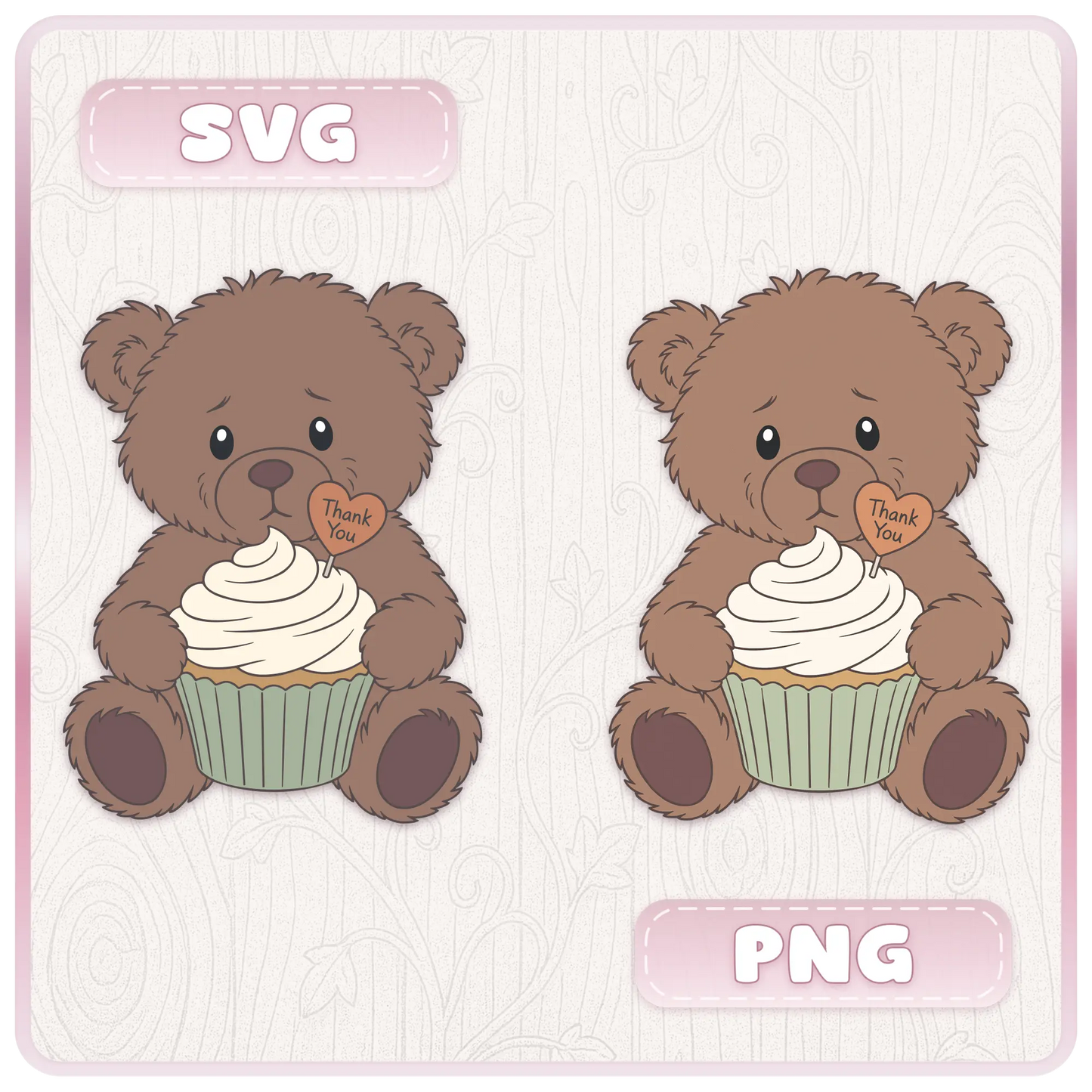 Cute thank you teddy bear holding cupcake SVG and PNG clipart design with layered SVG and transparent PNG formats for digital crafting