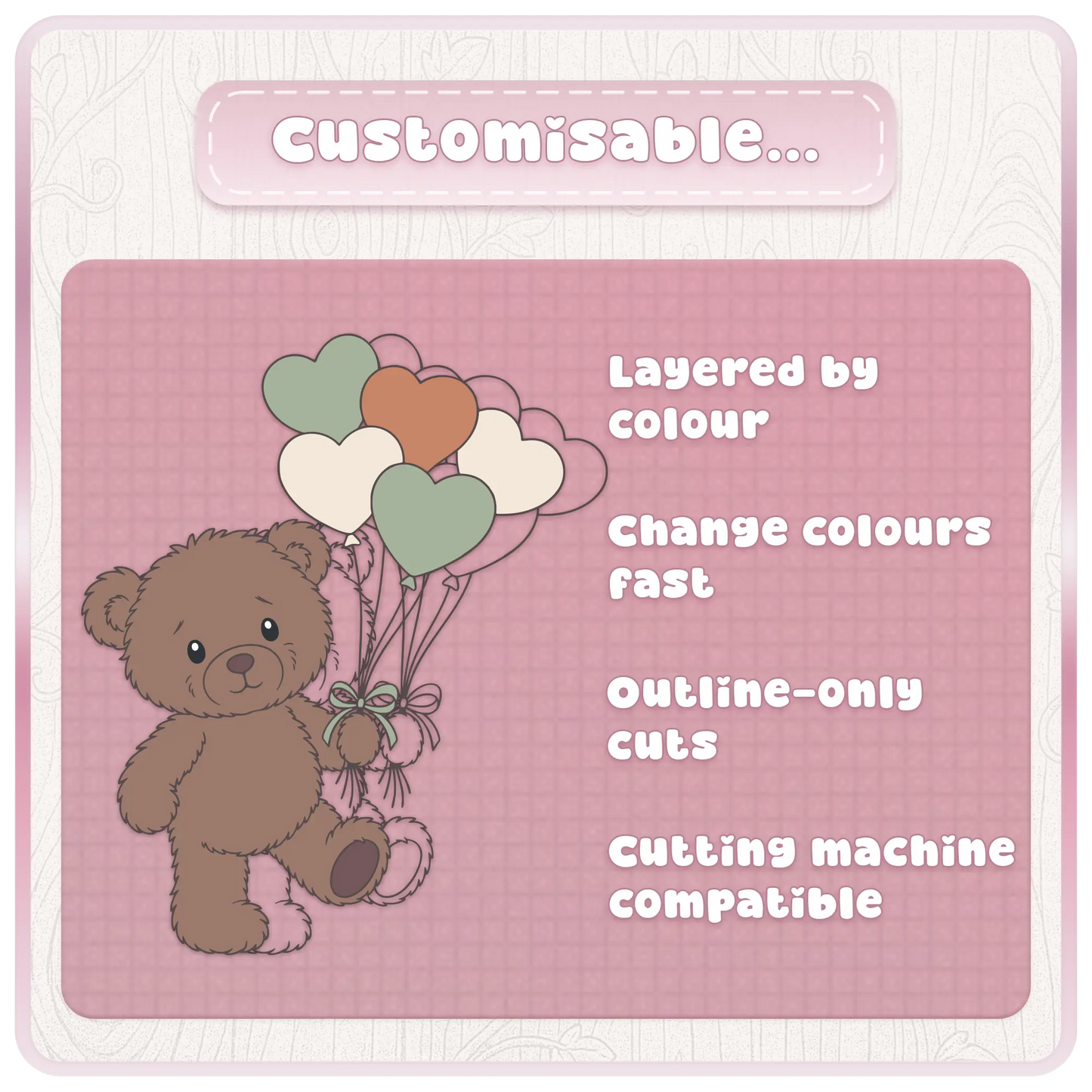 Customisable thank you teddy bear SVG bundle with layered colour SVG files, outline cut files and cutting machine compatible designs
