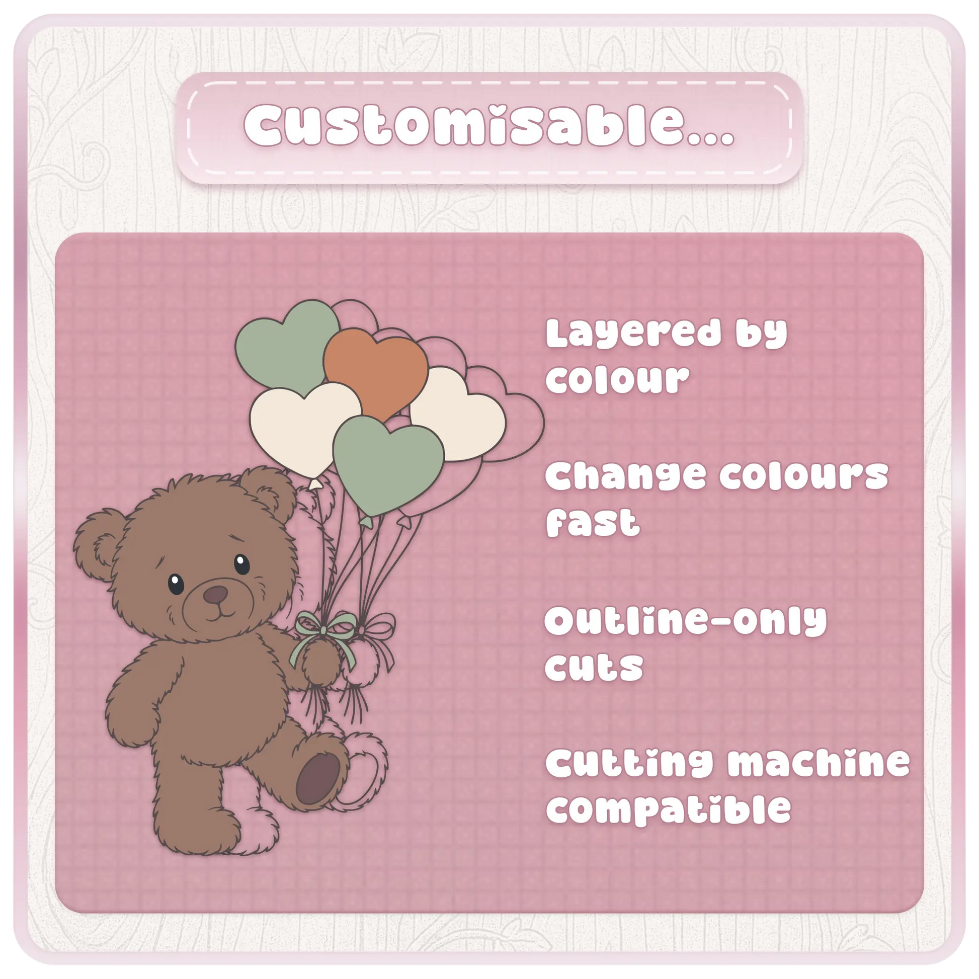 Customisable thank you teddy bear SVG bundle with layered colour SVG files, outline cut files and cutting machine compatible designs