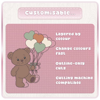 Customisable thank you teddy bear SVG bundle with layered colour SVG files, outline cut files and cutting machine compatible designs