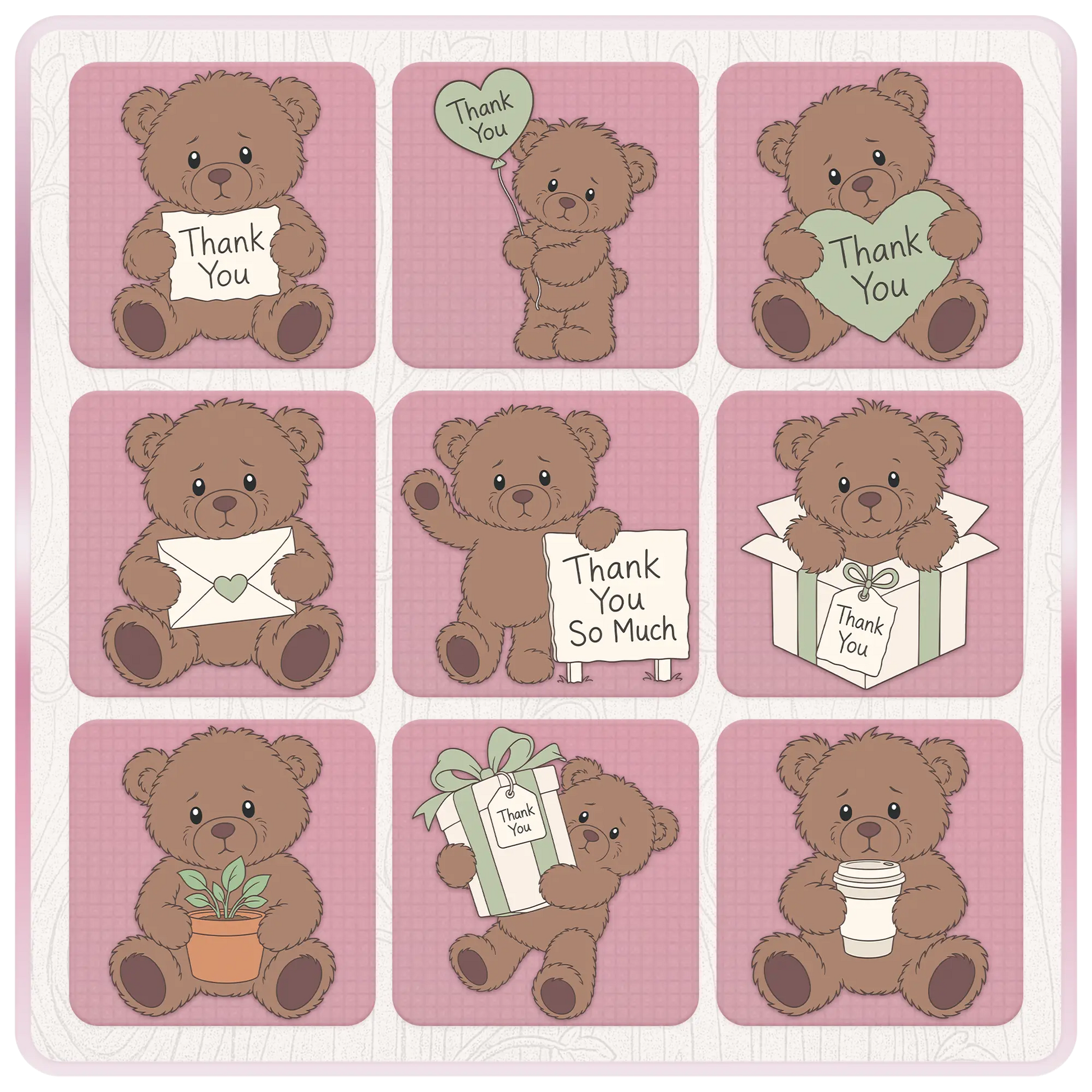 Collection of cute brown thank you teddy bear SVG and PNG designs including signs, balloons, gifts, envelopes and appreciation themed artwork
