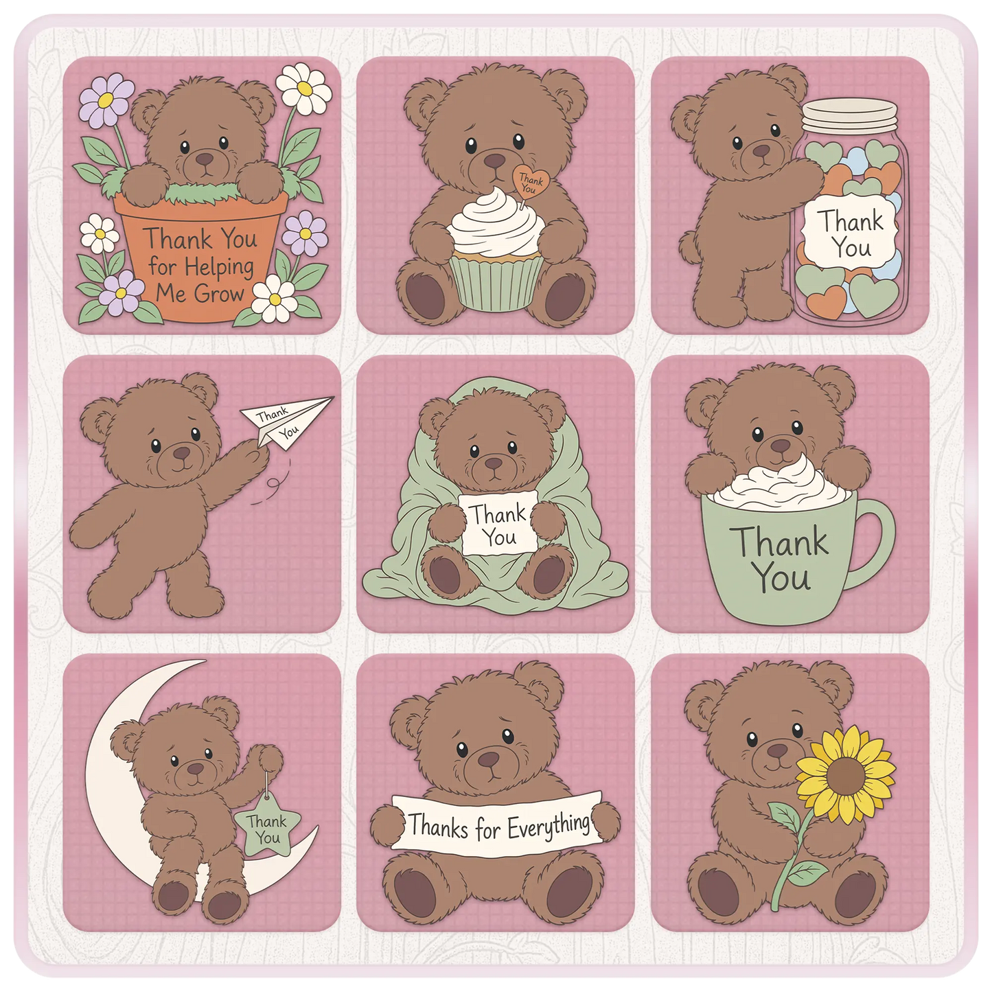 Additional thank you teddy bear SVG bundle designs featuring cupcakes, flowers, mugs, paper airplanes, sunflowers and gratitude messages